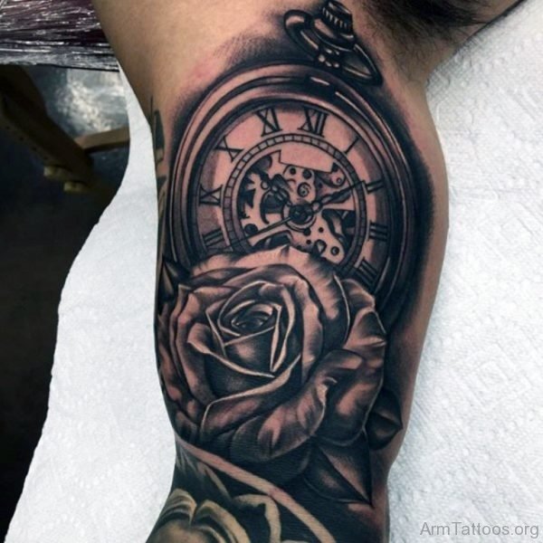 3D Clock And Rose Tattoo