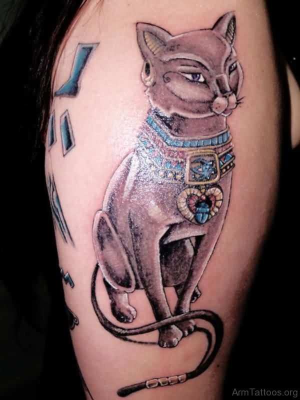3D Egyptian Cat Sitting Tattoo On Arm