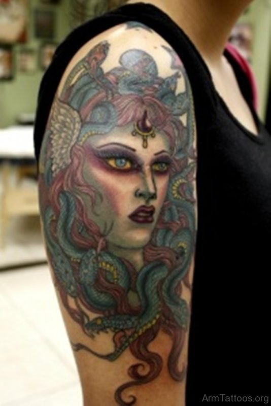 3D Style Grey Ink Medusa Girl Head Tattoo