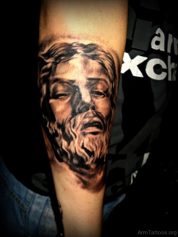 3d Jesus Tattoo Face Tattoo On Right Arm