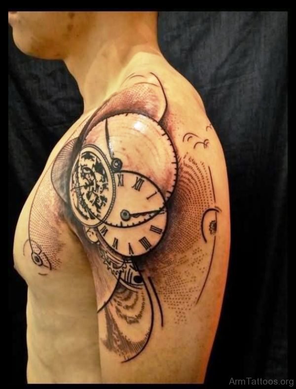 Abstract Clock Shoulder Tattoo On Arm 