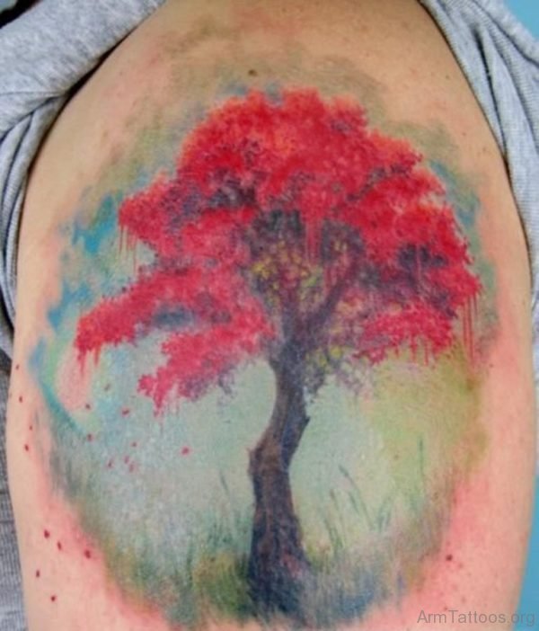 Abstract Red Tree Tattoo On Shoulder