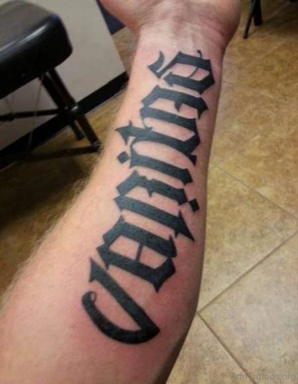 Aequitas Ambigram Tattoo On Left Arm