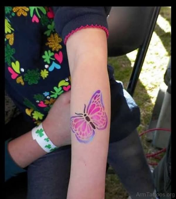 Airbrush Pink Butterfly Tattoo On Arm