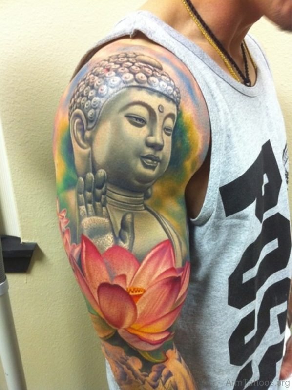 Amazing 3D Buddhist Statue With Lotus Tattoo On Man Half Sleeve