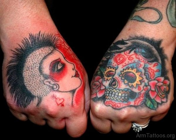 Amazing Colored Sugar Skull Tattoos On Both Hands