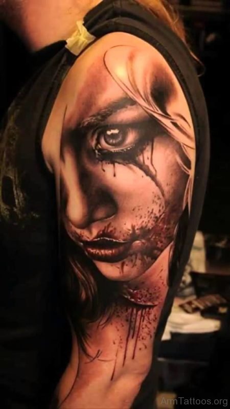 Amazing Girl Portrait Tattoo On Full Sleeve 