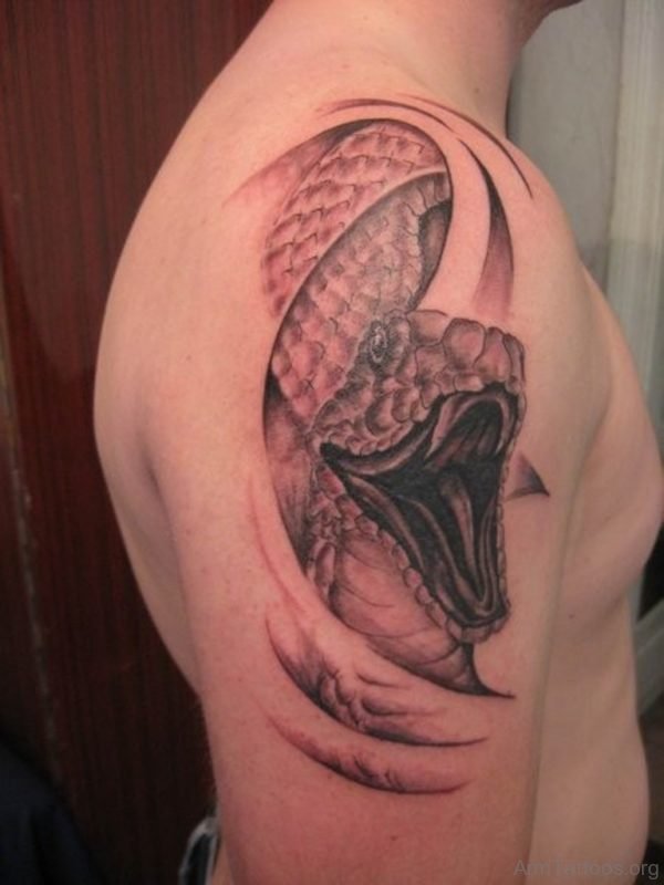 Amazing Grey Ink Snake Tattoo On Arm 