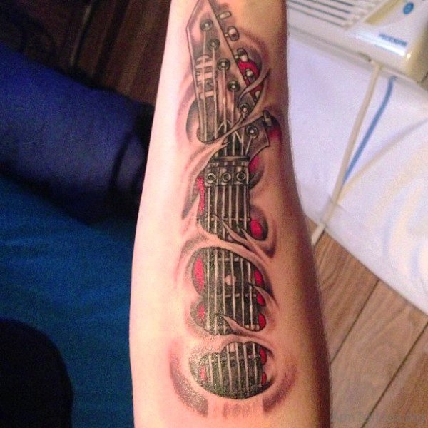 Amazing Guitar Tattoo On Arm 
