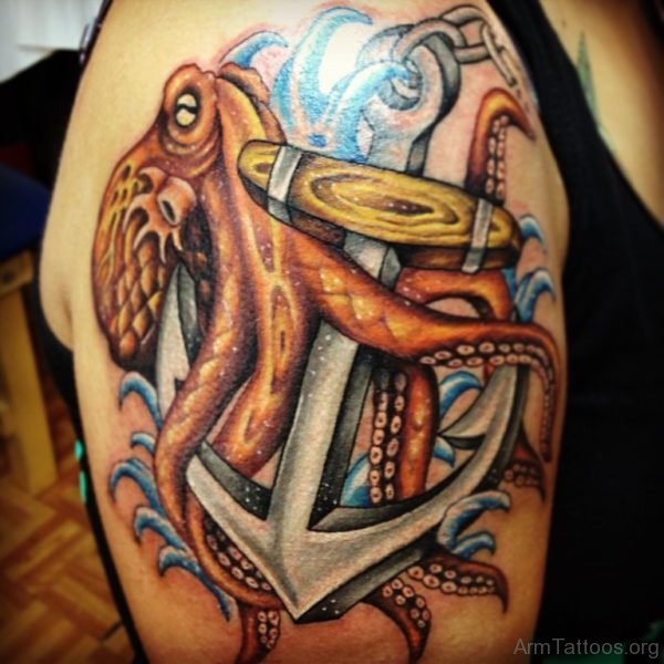 Anchor Tattoo With Banner On Shoulder