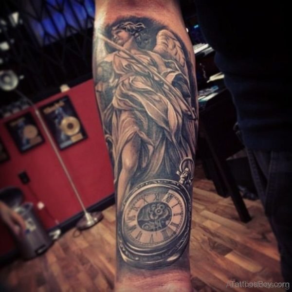 Angel And Clock Tattoo On Arm