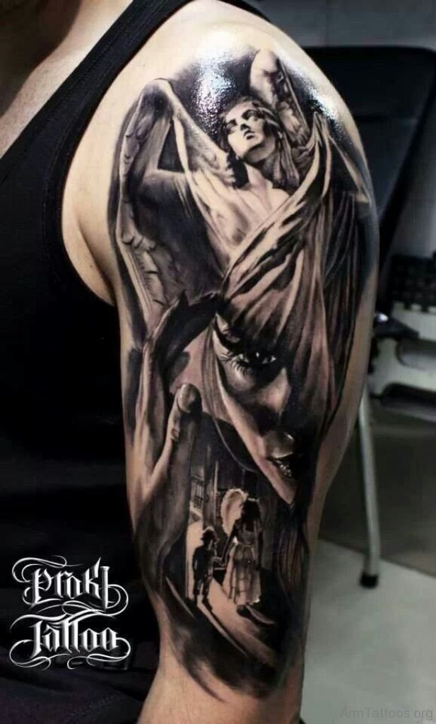 Angel And Skull Tattoos On Arm