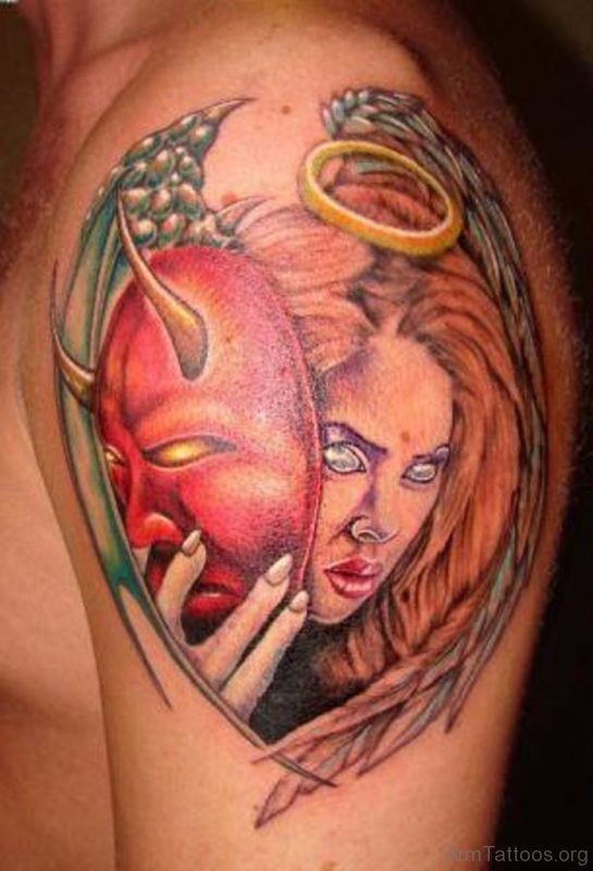Angel Girl With Evil Mask Tattoo On Arm 