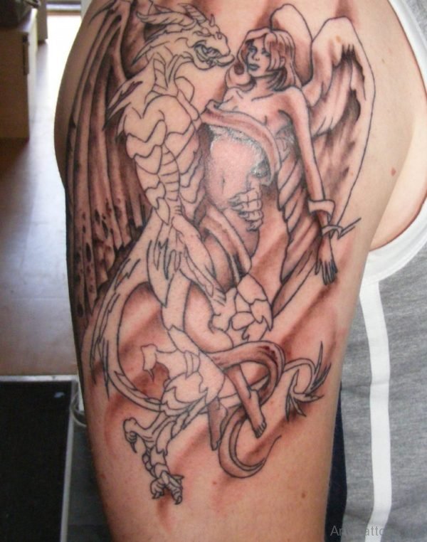 Angel With Dragon Tattoo On Shoulder