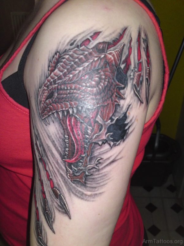 Angry Dragon Face Tattoo On Shoulder