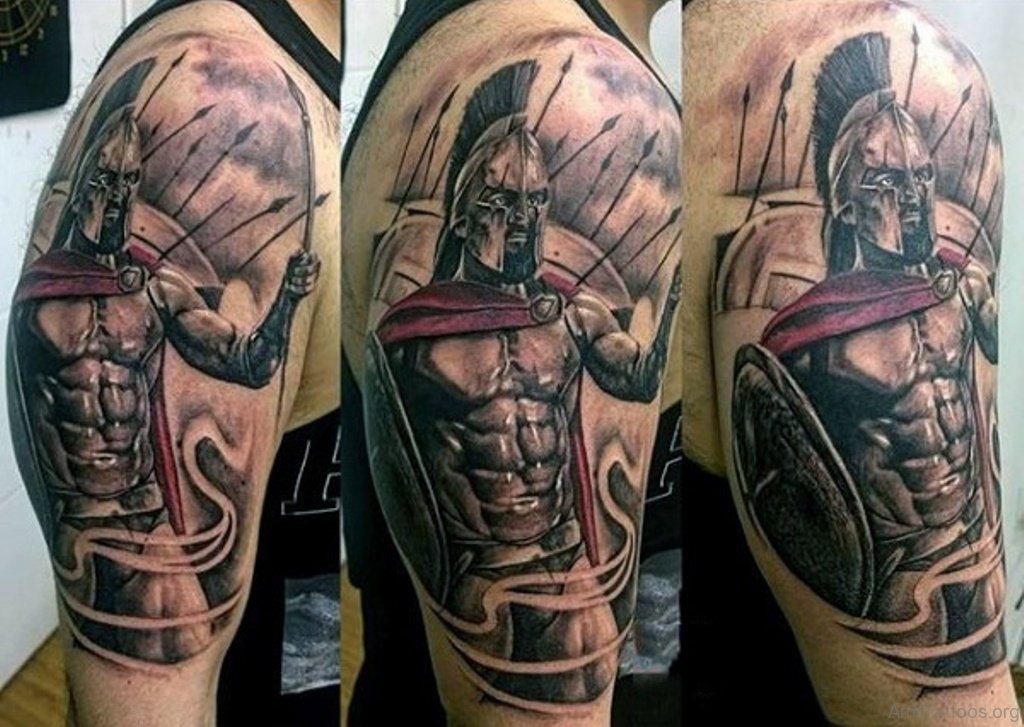 Angry Spartan Tattoo Mens Upper Arms.