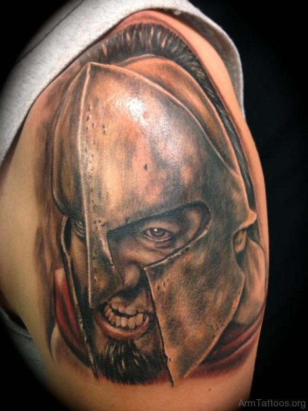 Angry Spartan Warrior Portrait Tattoo On Shoulder