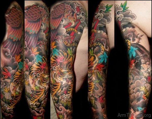 Asian Tiger Tattoo On Quarter Sleeve