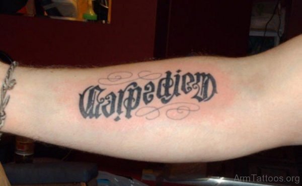 Attractive Carpe Diem Ambigram Tattoo On Right Arm