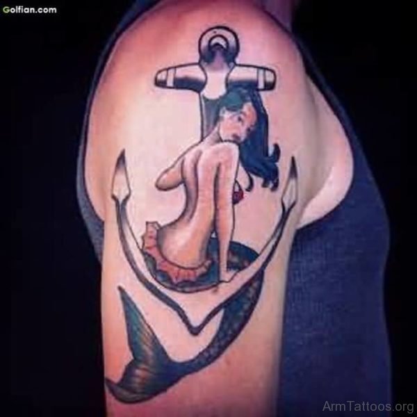Attractive Mermaid And Anchor Tattoo On Shoulder