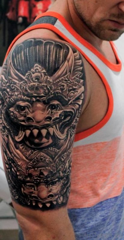 Attractive Samurai Mask Tattoo On Shoulder