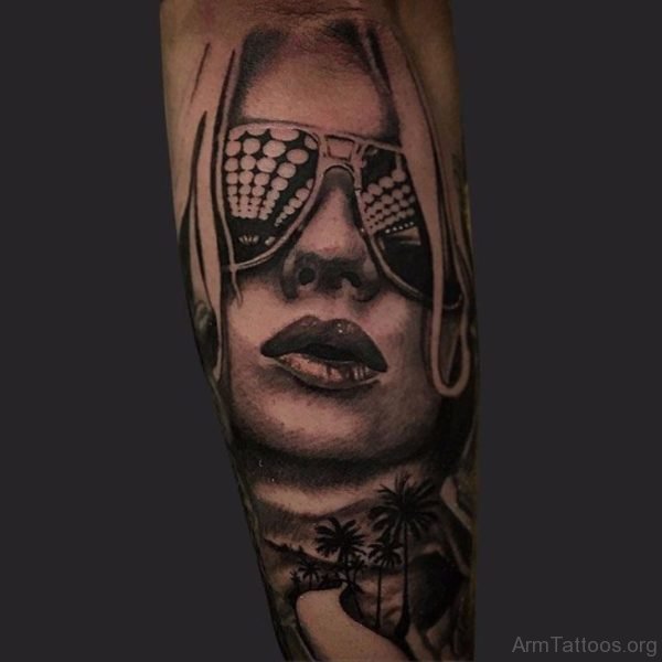 Aviator Girl Portrait Tattoo On Arm 