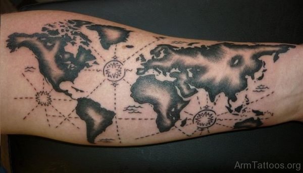 Awesome Black Ink World Map Tattoo On Forearm