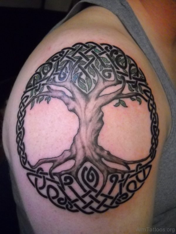 Awesome Celtic Pagan Tree Tattoo On Right Shoulder