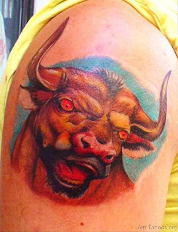 Awesome Dangerous Bull Tattoo On Shoulder 
