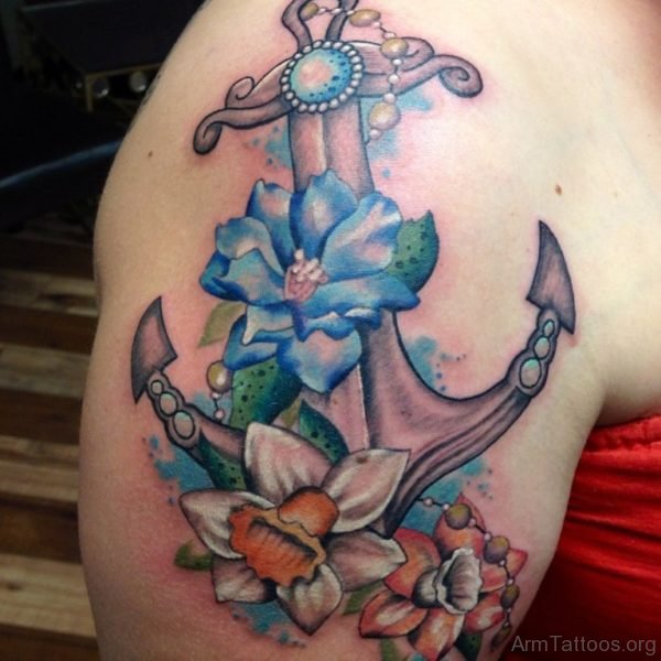 Awesome Floral Anchor Tattoo On Shoulder