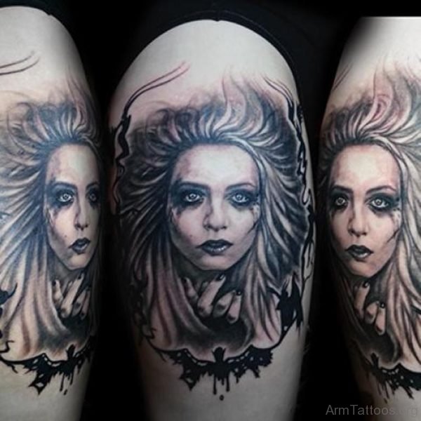 Awesome Girl Face Tattoo Design On Arm 