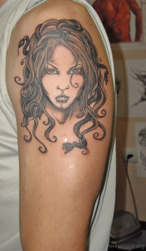 Awesome Medusa Head Tattoo On Shoulder