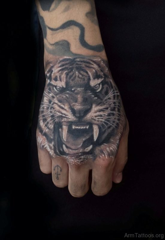 Awesome Tiger Tattoo On hand