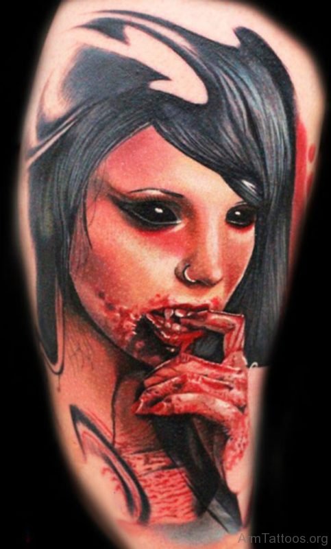 Awesome Vampire Girl Portrait Tattoo Design 