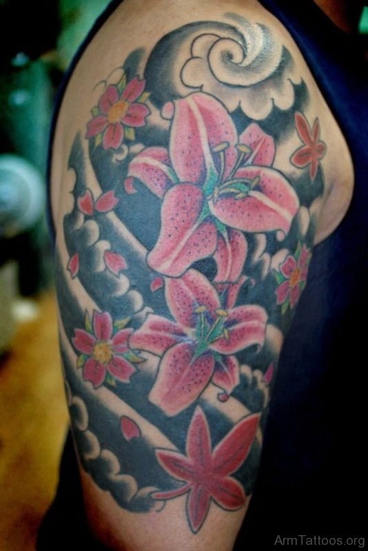 Awesome pink Japanese lily flowers Tattoo