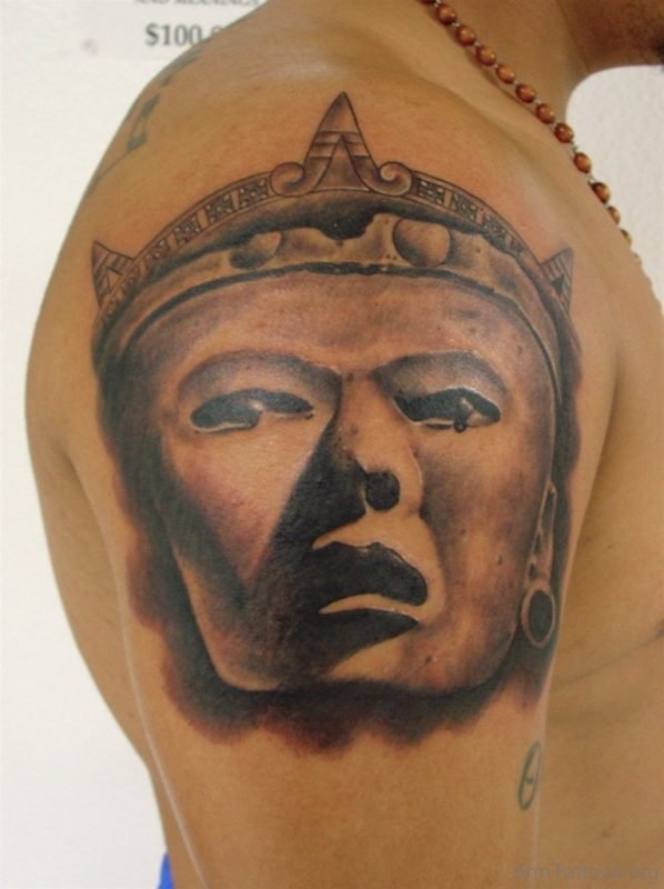 Aztec Mask Tattoo On Arm
