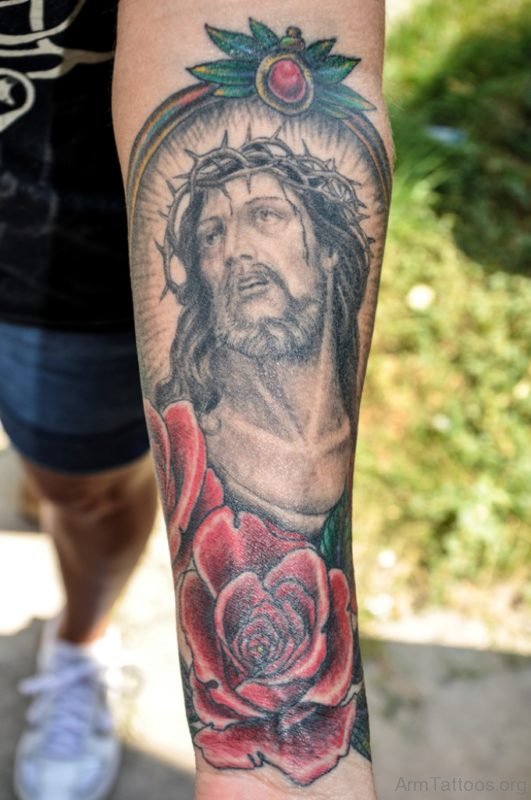 Barbed Jesus n Roses Tattoo On Arm