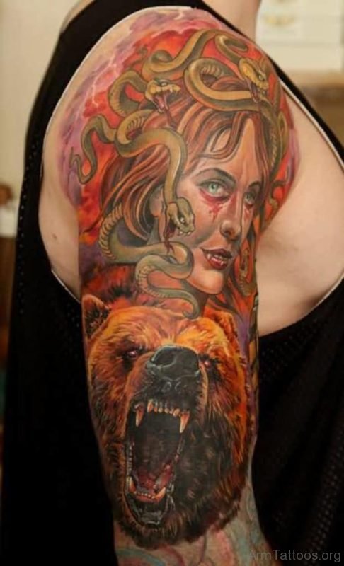 Bear And Medusa Tattoo On Arm 