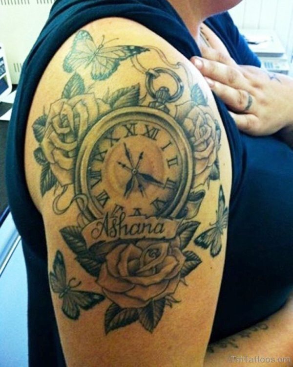 Beautiful Roses And Clock Tattoo 