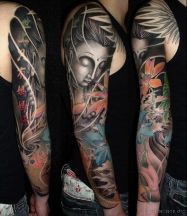 Beautiful Buddha Tattoo On Full Sleeve