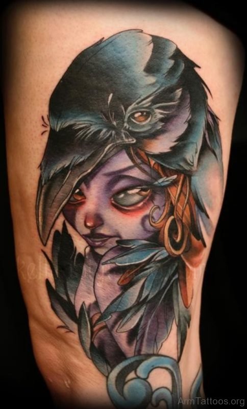 Beautiful Crow Raven Girl Tattoo
