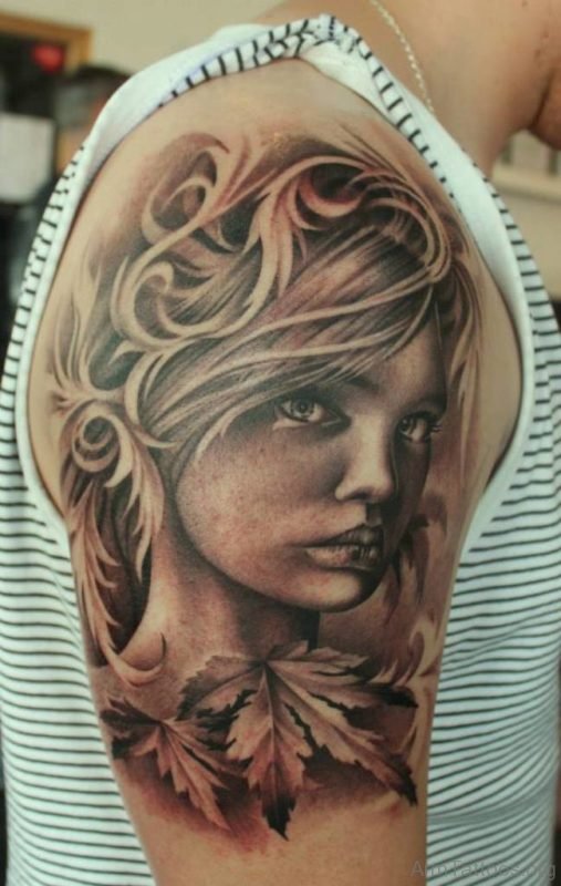 Beautiful Grey Ink Girl Portrait Tattoo On Arm 