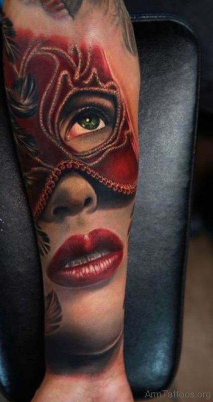 Beautiful Red Mask Girl Portrait Tattoo On Arm 