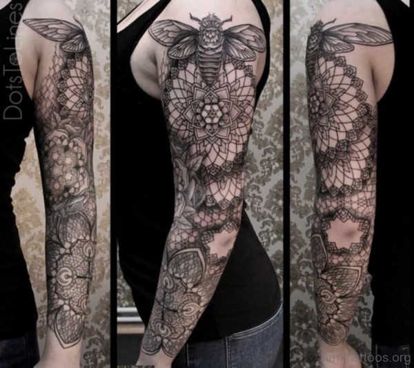 Bee And Mandala Tattoo On Arm 