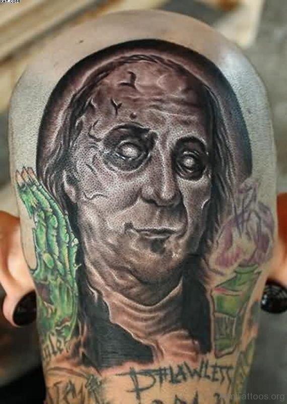 Ben Franklin Zombie Tattoo On Arm 