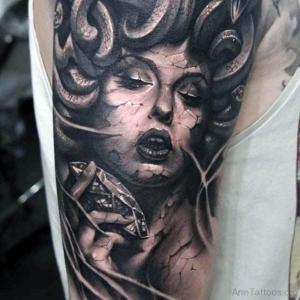 Big 3D Black Ink Medusa Shoulder Tattoo With Diamond 