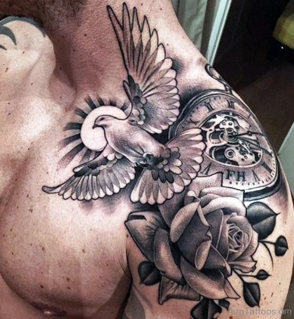 Bird And Clock Tattoo On Arm 