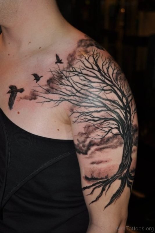 Birds And Tree Tattoos On Shoulder