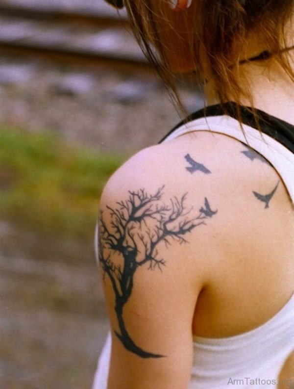 Birds And Tree Tattoos On Shoulder Image