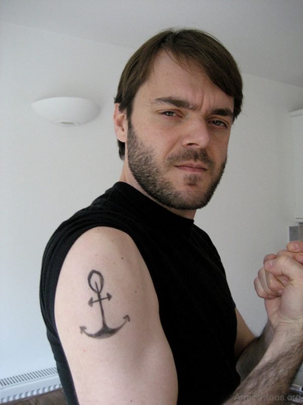 Black Anchor Tattoo On Right Shoulder